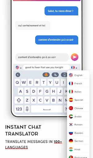 Translator Keyboard app interface displaying language selection menu with 100+ languages including French, Italian, Spanish