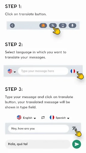 Step-by-step tutorial for using the translator keyboard: click translate button, select target language from dropdown menu, then type and translate messages instantly between languages