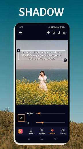 Shadow text effects in Text Art app with flower field photo and shadow positioning controls for enhanced text styling