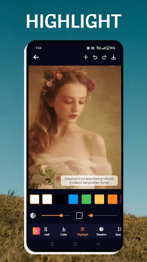 Highlight text feature showing portrait with color selection palette and highlighting tools for emphasized text in photos