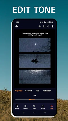 Tone editing controls in Text Art app showing water scene with brightness, contrast, hue and saturation adjustment options