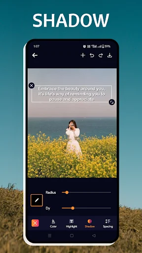 Text shadow effect feature in Text Art app displaying woman in flower field with shadow adjustment controls and text styling