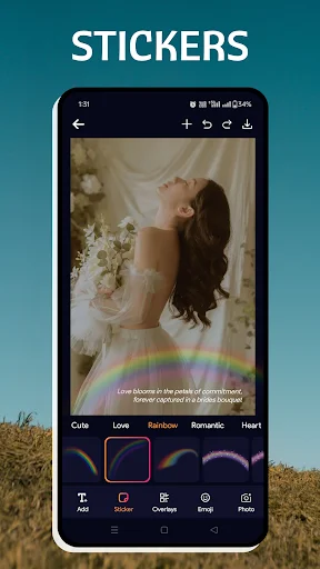 Stickers feature in Text Art app with rainbow effect on bride photo and cute, love, romantic sticker categories selection