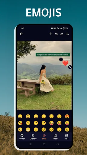 Emojis feature in Text Art photo editor displaying mountain landscape with emoji picker and emotional expression options
