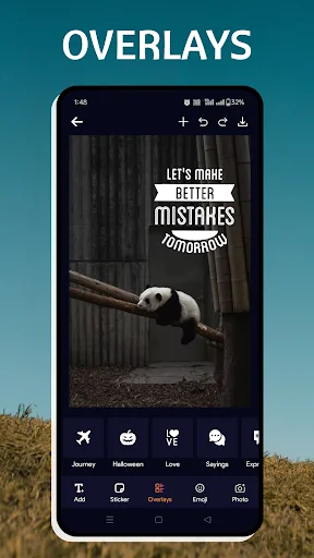 Text overlays tool showing motivational quote on panda image with journey, love, sayings overlay categories in Text Art app