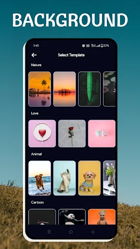 Background templates selection in Text Art editor with nature, love, animal and cartoon background options for photo editing