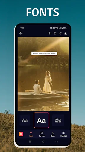 Font styles interface in Text Art photo editor with couple image showing different typography options for text customization