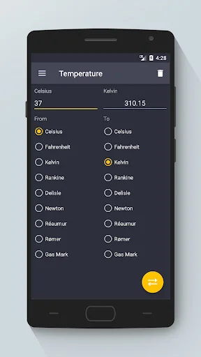 Temperature converter: 37 Celsius converts to 310.15 Kelvin with multiple temperature unit choices