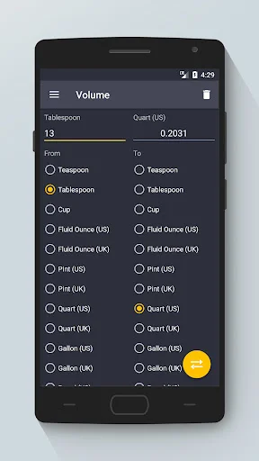 Volume converter: 13 Tablespoons converts to 0.2031 Quarts (US) with volume unit selection options