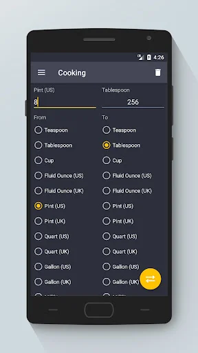Cooking measurement converter: 8 Pints (US) converts to 256 Tablespoons with volume unit options
