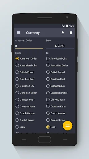Currency converter: 8 American Dollars converts to 6.7699 Euros with multiple currency choices