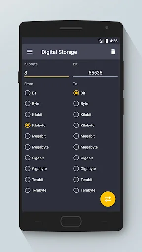 Digital Storage converter: 8 Kilobytes converts to 65536 Bits with data size unit options