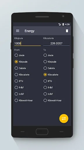 Energy converter: 1000 Kilojoules converts to 239.0057 Kilocalories with energy unit selection