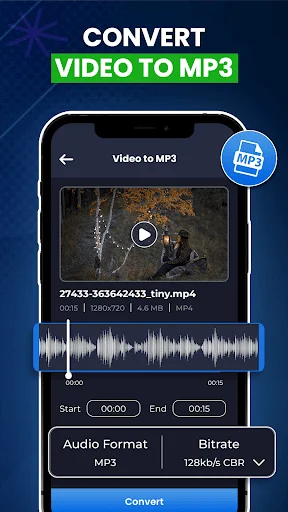 MP3 converter interface showing video preview, audio waveform display, MP3 format selection, bitrate settings, and convert button for video to audio conversion