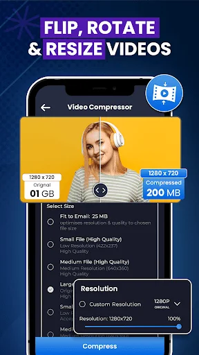 Video compressor reducing file size from 1GB to 200MB with compression options, resolution 1280x720, file size presets, and compress button