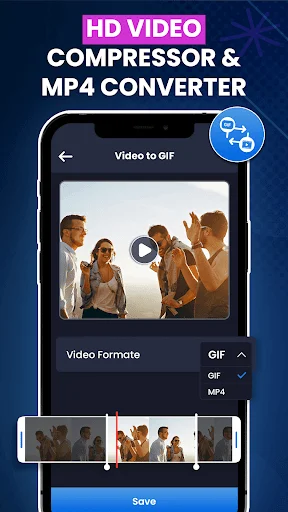 Video to GIF converter with format selection dropdown, GIF and MP4 format options, video preview of group scene, frame thumbnails, and save button