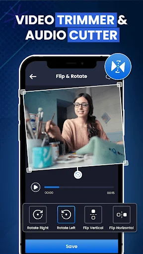 Video flip and rotate tool with rotation controls for right, left, vertical flip, and horizontal flip transformations with save button