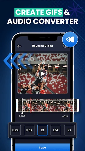 Reverse video player with variable speed controls 0.2X, 0.5X, 1X, 1.5X, 2X playback speeds, frame slider adjustment, and save button