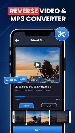 Video trim and cut editor with audio extraction, timeline markers 00:00-00:15, frame preview thumbnails for precise cutting, and trim button