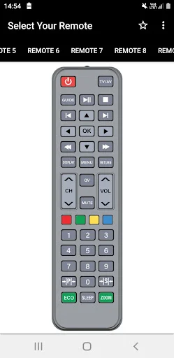 Videocon TV remote selection showing gray remote with power, numeric, directional, and color button controls