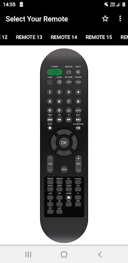 Black oval Videocon remote with green power button, OK button, numbers, and function button layout for TV