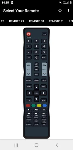 Videocon remote model with black interface displaying numeric keypad, navigation controls, and operation buttons
