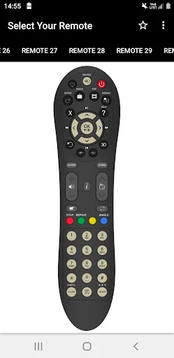 Black oval Videocon remote with power button, directional navigation, colored controls, and numeric button grid