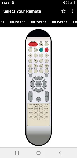 Videocon remote featuring numeric keypad, directional navigation, menu button, and extended control grid layout