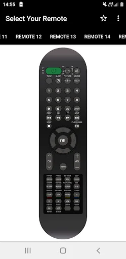 Black oval Videocon remote with green power button, central OK button, numbers, and function controls