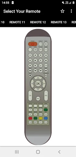 Gray oval Videocon remote with numeric buttons, directional pad, OK button, and comprehensive control layout