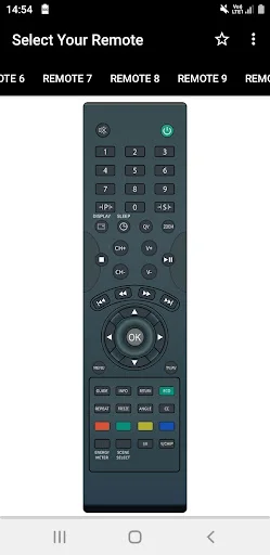 Dark Videocon remote interface with power button, numeric keypad, directional pad, and color button controls