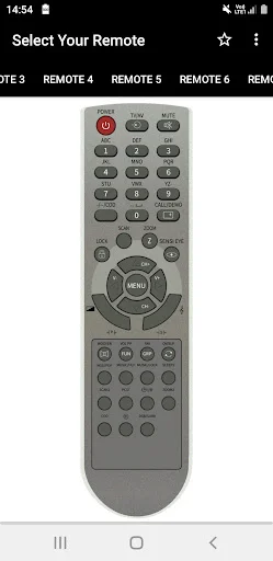 Silver Videocon remote with power button, numeric keypad, menu button, and extended button grid for TV control