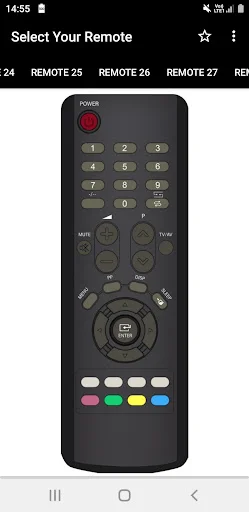Black Videocon remote with power button, numeric pad, menu controls, and multicolor buttons for TV operations