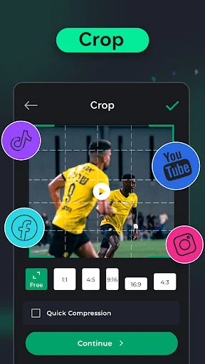 Crop video editing tool interface with sports video preview, crop frame selector, aspect ratio options, and Quick Compression checkbox with Continue button
