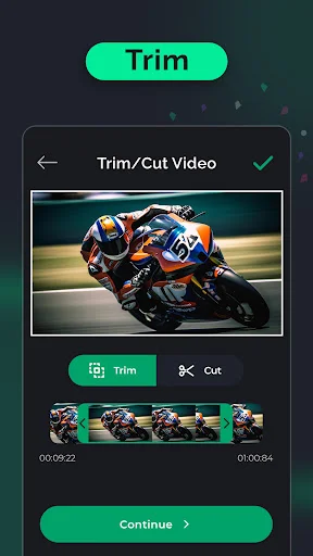Trim and cut video tool showing motorcycle racing video with timeline scrubber, trim and cut buttons, frame preview thumbnails, and video duration display