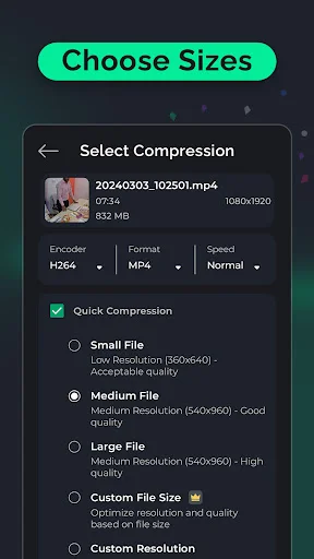 Compression settings screen with H264 encoder, MP4 format, Normal speed options and file size presets: Small File, Medium File, Large File, Custom sizes