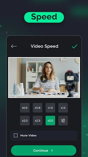 Video speed adjustment tool with playback speed options from x0.5 to x3.0 speeds, mute video toggle, and video preview with Continue button