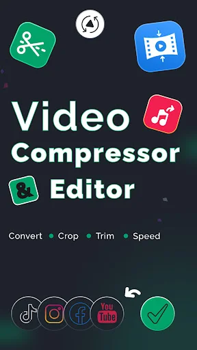 Video Compressor Editor app home screen featuring Convert, Crop, Trim, Speed tools with colorful editing icons and social media sharing buttons