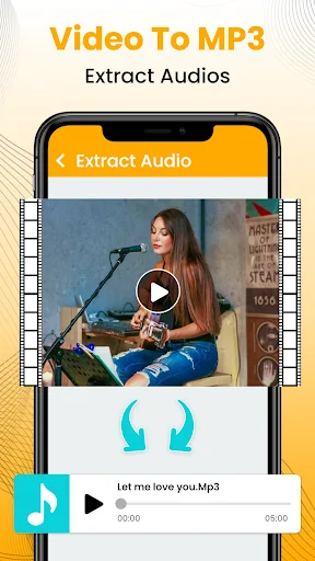 Video To MP3 app screen showing audio extraction from video with headphone icon, video preview, and mp3 player