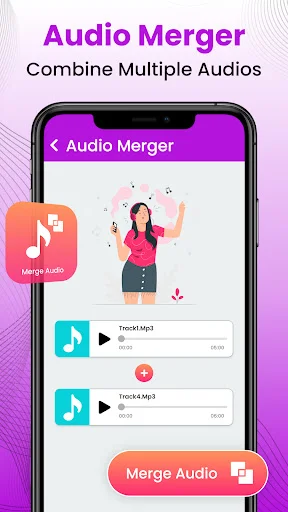 Audio Merger combining interface displaying multiple selected audio files with plus button to add tracks and merge audio button for final output