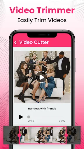 Video Trimmer tool interface with video cutter, preview player, timeline, and play controls for trimming videos