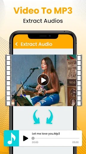 Video to MP3 extractor showing audio extraction from video with waveform, headphones icon, and MP3 output file
