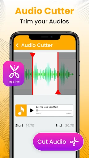 Audio Cutter waveform editor with red trim markers, start/end time controls, and scissors icon for cutting audio