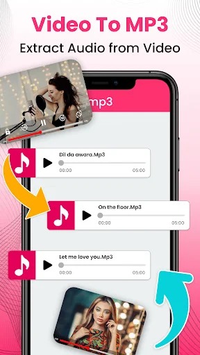 Video to MP3 converter displaying multiple extracted audio files with music icons and video thumbnails