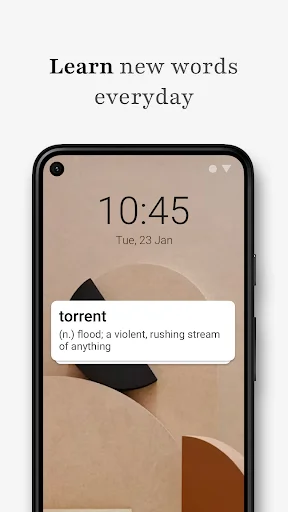Daily word widget on mobile lock screen showing vocabulary word 'torrent' with pronunciation and definition