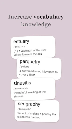 Vocabulary cards interface displaying multiple English words including estuary, parquetry, sinusitis, and serigraph with pronunciations and definitions