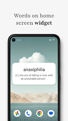 Words on home screen widget feature showing word anaxiphilia with definition on mobile phone home screen above scenic landscape background