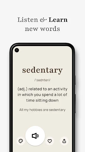 Word learning interface showing sedentary with pronunciation, definition, example sentence and interactive controls including speaker audio playback button