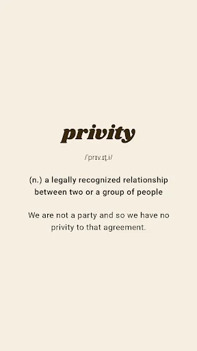 Detailed word definition screen showing privity word with pronunciation guide definition and example sentence on light neutral background