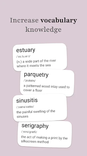 Vocabulary word list displaying multiple definitions for estuary, parquetry, sinusitis, and serigraph